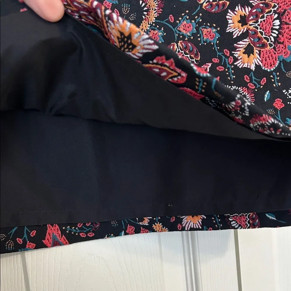 ANN TAYLOR LOFT Size 6 Tall Black Teal Red Lined Jacquard Mini Skirt A-Line